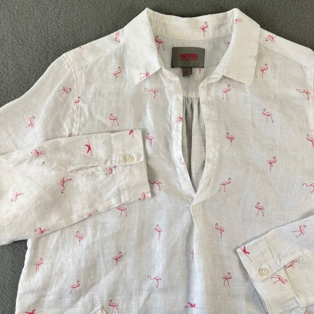Forcynthia Beachwear Women White Pink Flamingo 100% Linen Tunic Top Shirt Large